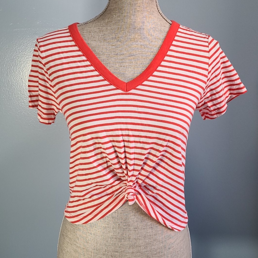 PacSun Basics Red White Striped V Neck Tie Front Crop Size Small NWT